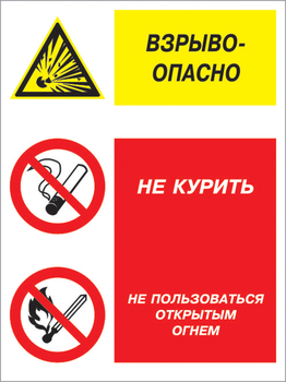 Кз 11 взрывоопасно - не курить и не пользоваться открытым огнем. (пластик, 400х600 мм) - Знаки безопасности - Комбинированные знаки безопасности - . Магазин Znakstend.ru
