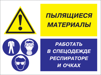 Кз 87 пылящиеся материалы - работать в спецодежде, респираторе и очках. (пластик, 400х300 мм) - Знаки безопасности - Комбинированные знаки безопасности - . Магазин Znakstend.ru